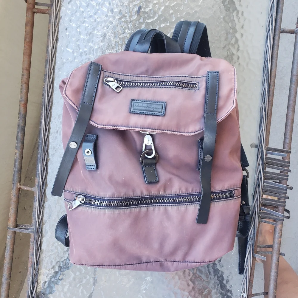 Salvatore Ferragamo aubergine nylon Backpack Leather trim